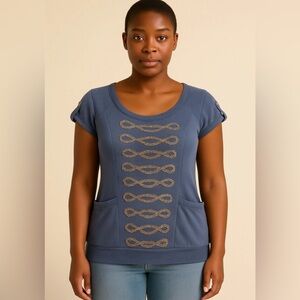 ‼️SOLD‼️ POL Navy Blue Short Sleeve Sweatshirt W/Military Design